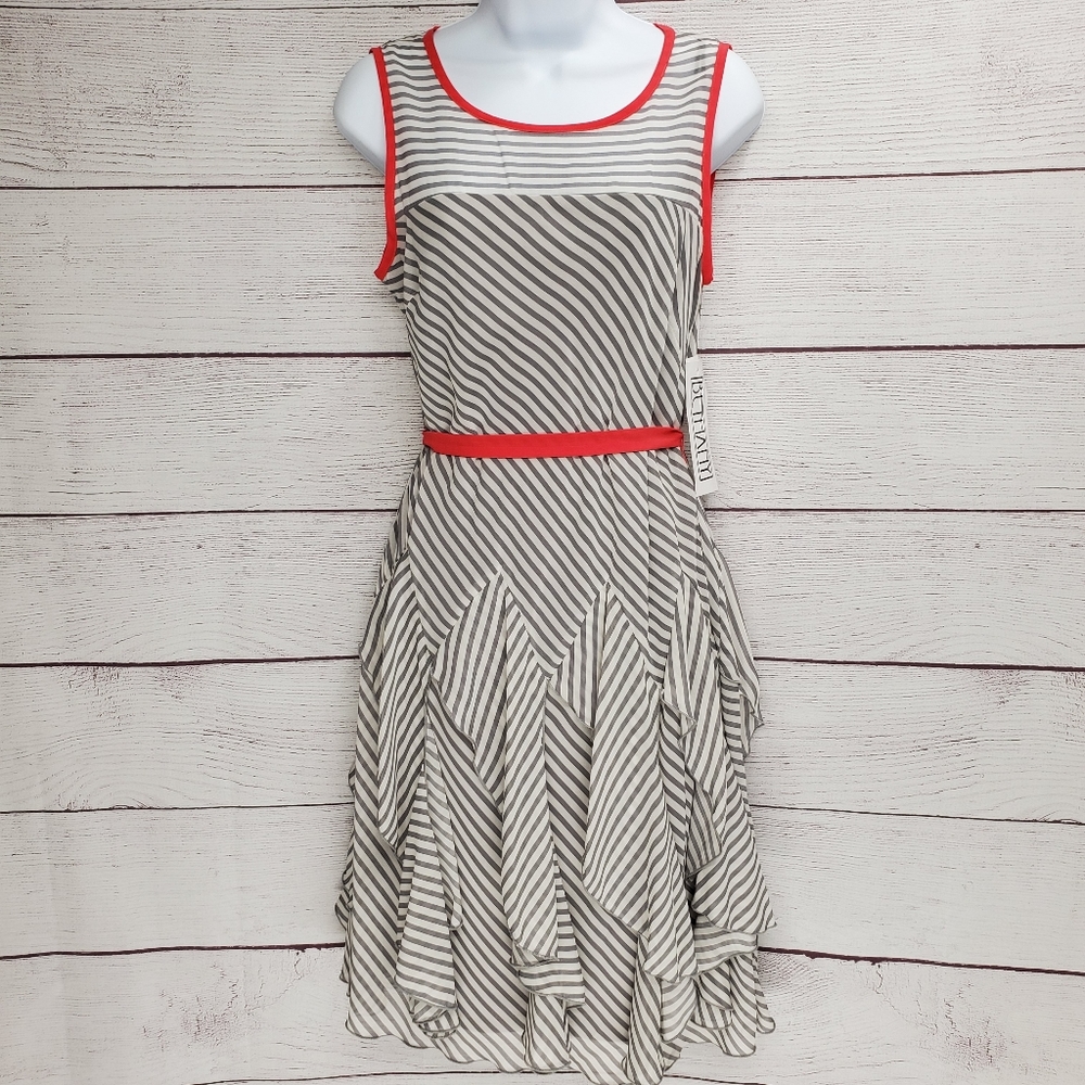 Bethany Ruffled Sleeveless Striped Gray Dress 6P